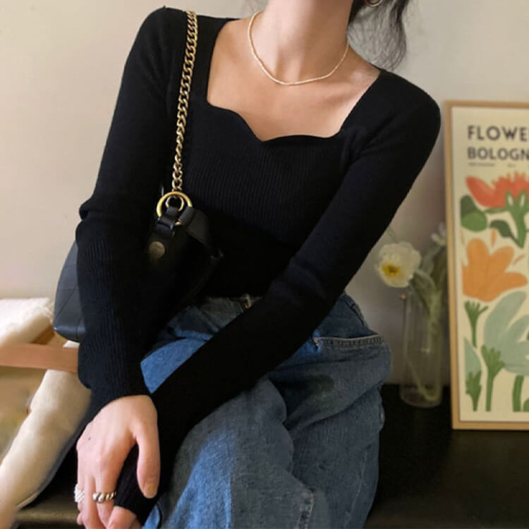 ハートシェイプドネック 長袖 リブニットトップス