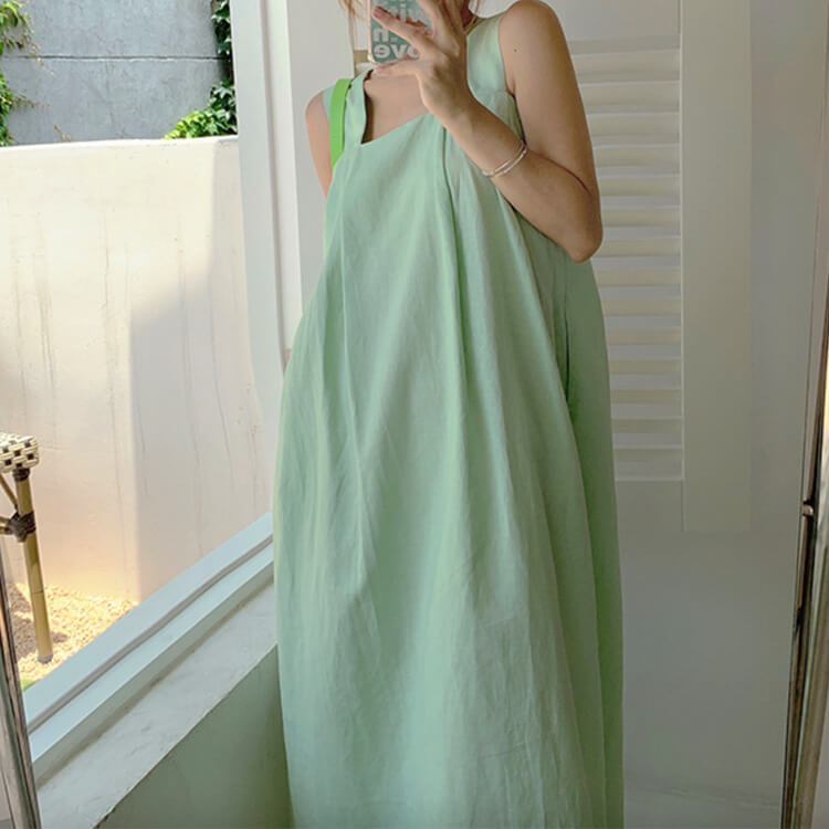 Aライン スクエアネック キャミソール ミモレ丈ワンピース