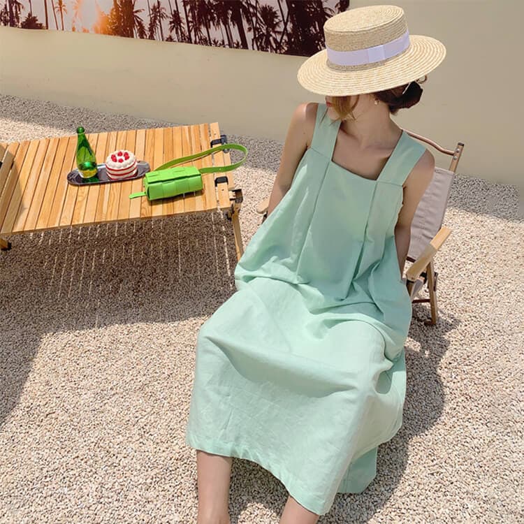 Aライン スクエアネック キャミソール ミモレ丈ワンピース