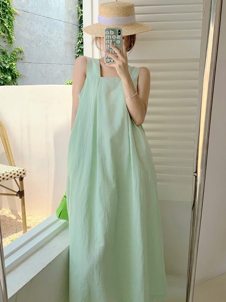 Aライン スクエアネック キャミソール ミモレ丈ワンピース