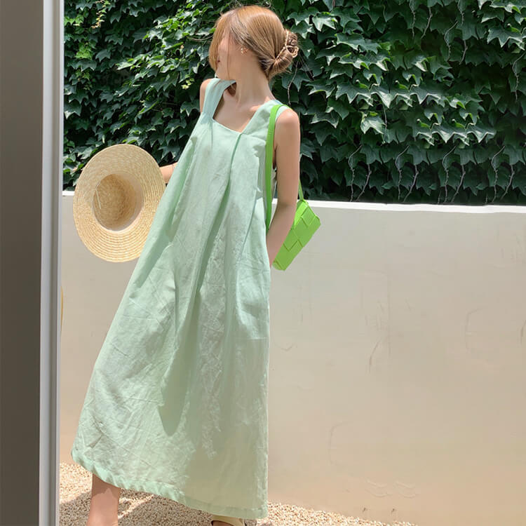 Aライン スクエアネック キャミソール ミモレ丈ワンピース