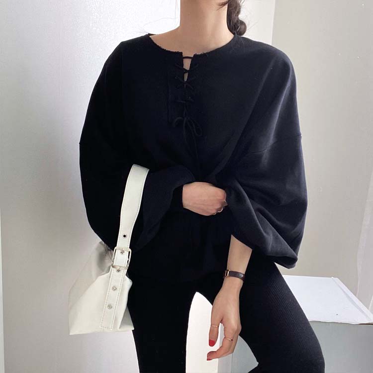 レースアップ ランタンスリーブ スウェット トレーナー