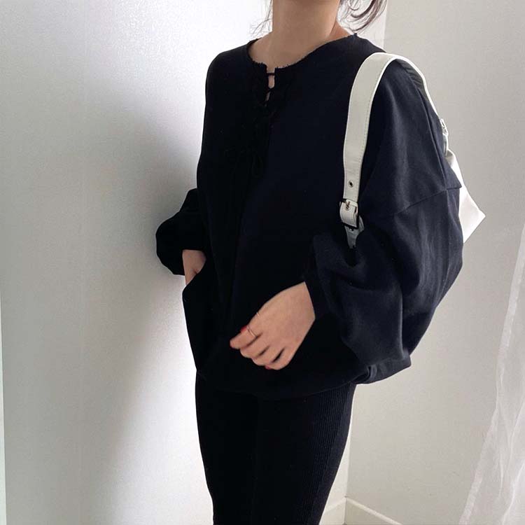 レースアップ ランタンスリーブ スウェット トレーナー