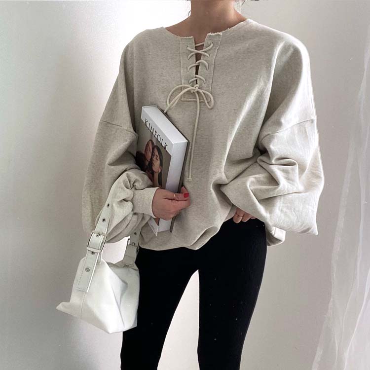 レースアップ ランタンスリーブ スウェット トレーナー