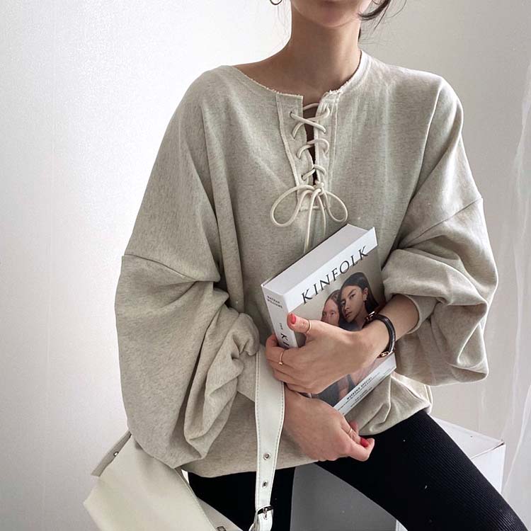 レースアップ ランタンスリーブ スウェット トレーナー