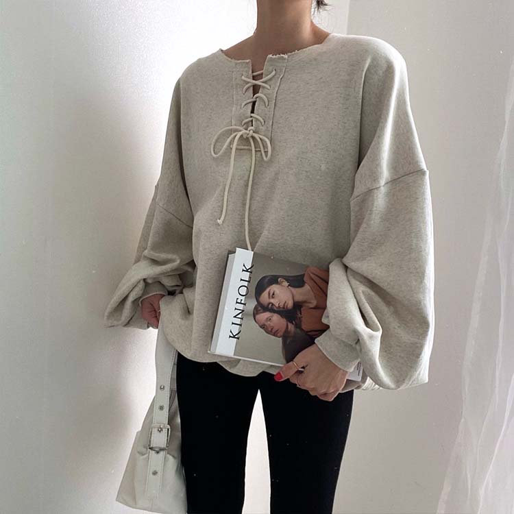 レースアップ ランタンスリーブ スウェット トレーナー