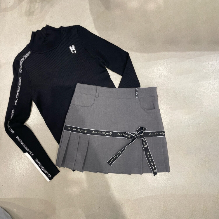 韓国ゴルフウェア インナー付 バイカラーリボン プリーツ