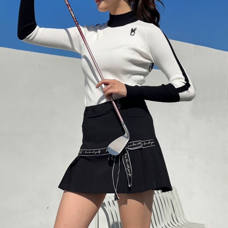 韓国ゴルフウェア インナー付 バイカラーリボン プリーツ