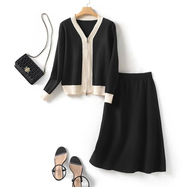 ジップアップ ニットカーディガン フレアスカート