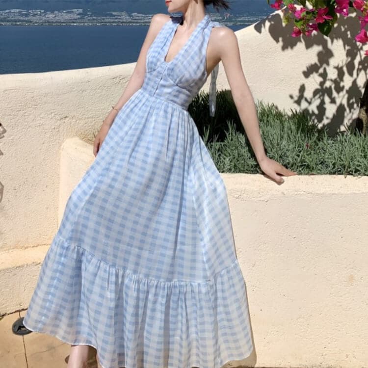 ギンガムチェック柄 ティアード ホルターネック