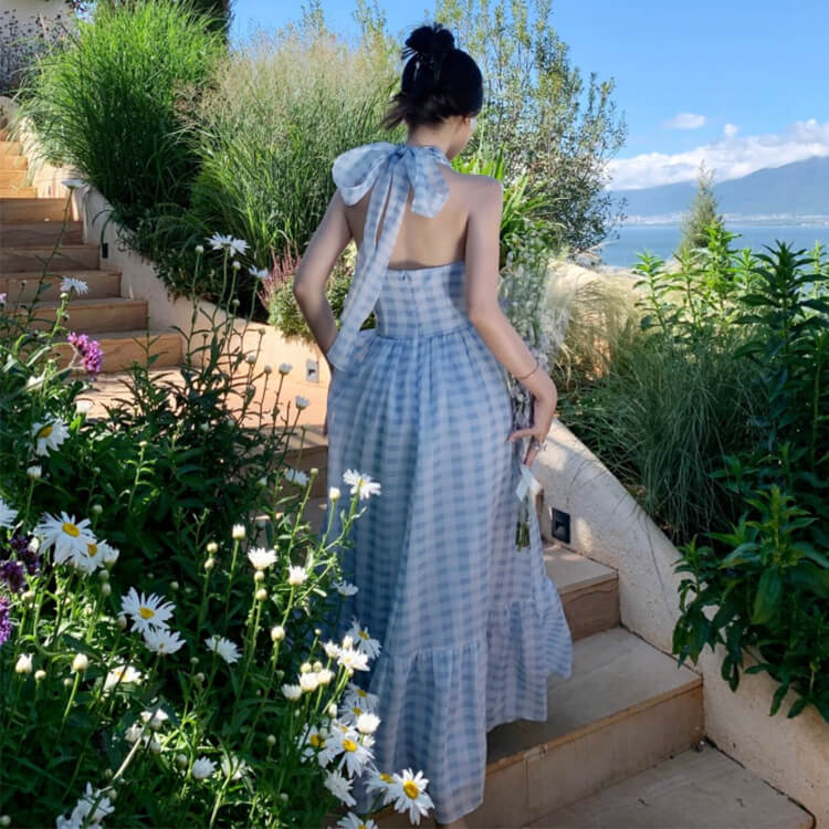 ギンガムチェック柄 ティアード ホルターネック