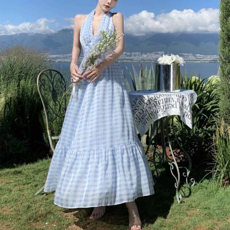 ギンガムチェック柄 ティアード ホルターネック