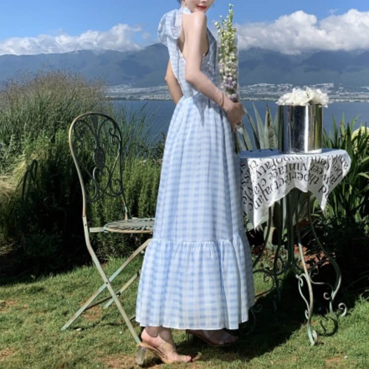 ギンガムチェック柄 ティアード ホルターネック