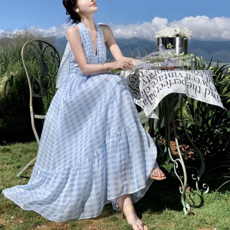 ギンガムチェック柄 ティアード ホルターネック