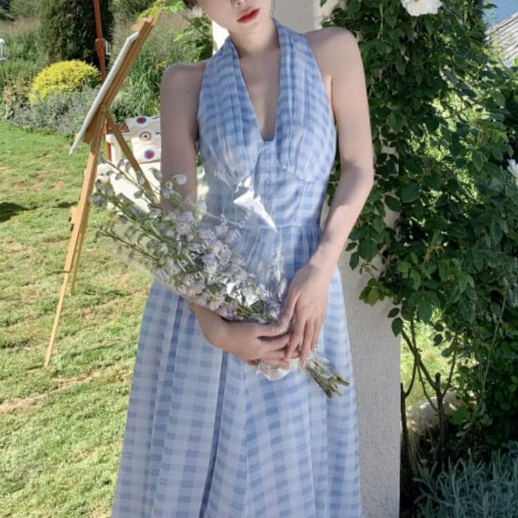 ギンガムチェック柄 ティアード ホルターネック