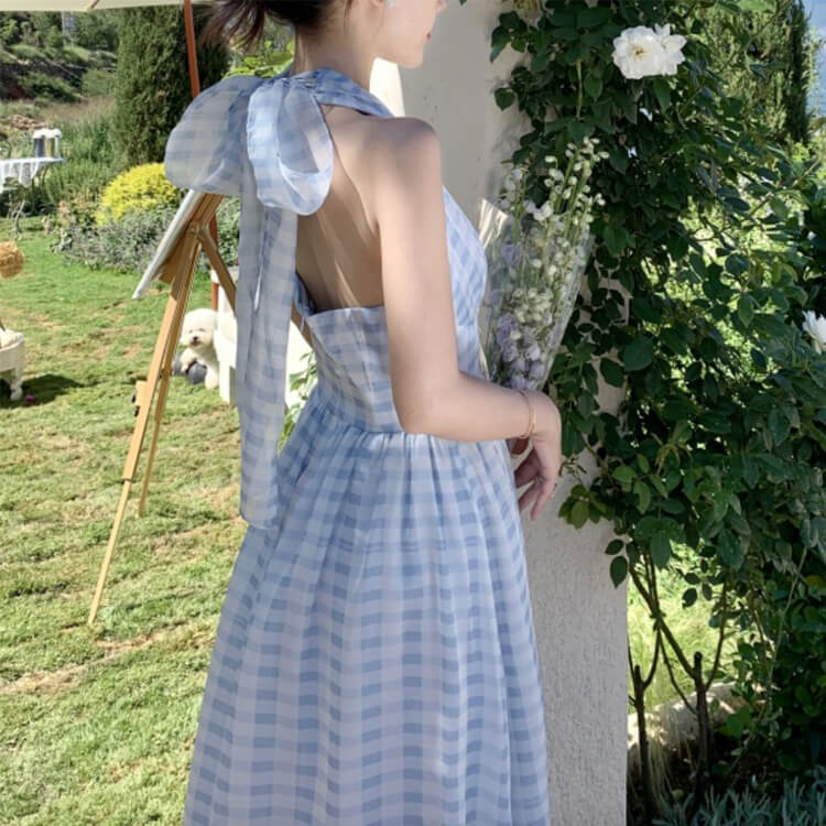ギンガムチェック柄 ティアード ホルターネック