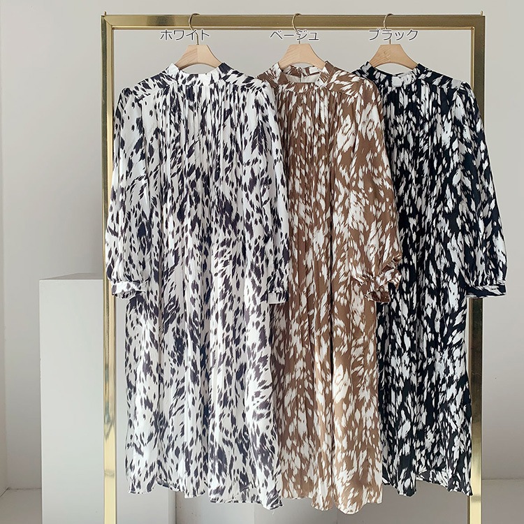 モックネック Aライン 膝丈 プリーツ ワンピース