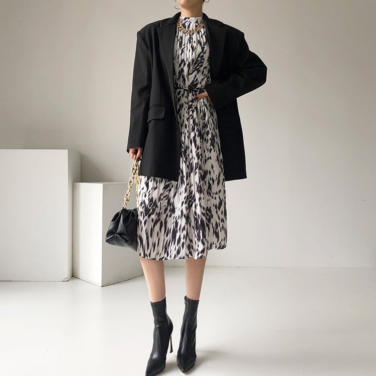 モックネック Aライン 膝丈 プリーツ ワンピース