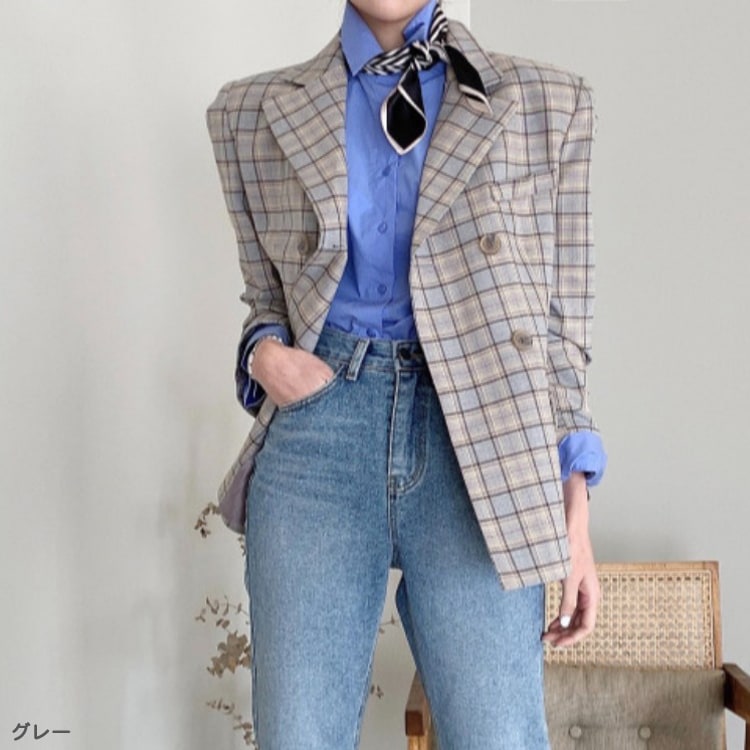 レトロデザイン ダブルボタン チェックジャケット