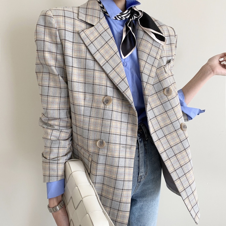 レトロデザイン ダブルボタン チェックジャケット