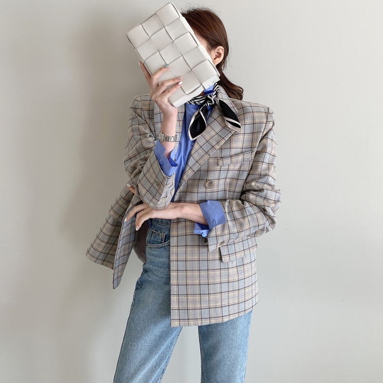 レトロデザイン ダブルボタン チェックジャケット
