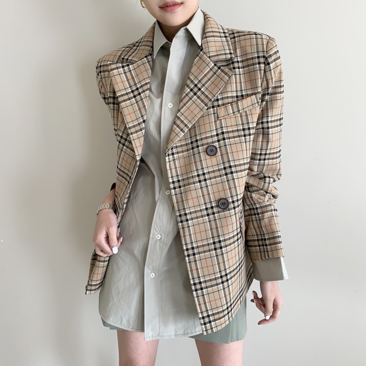 レトロデザイン ダブルボタン チェックジャケット