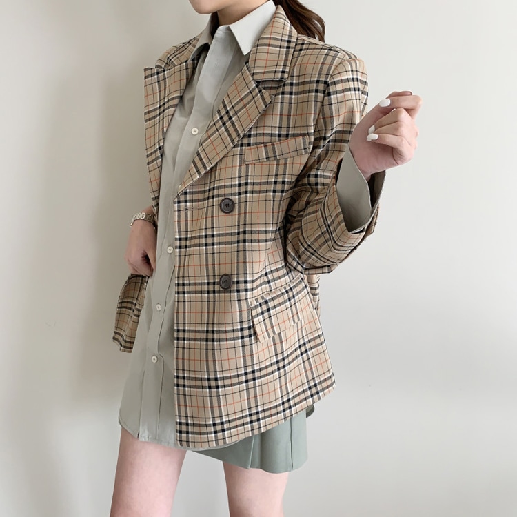 レトロデザイン ダブルボタン チェックジャケット