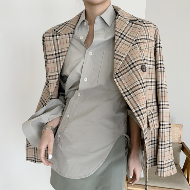 レトロデザイン ダブルボタン チェックジャケット