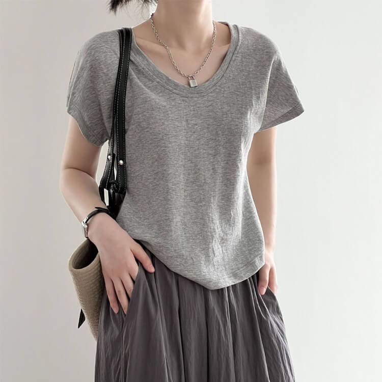 ドルマン袖 ゆったり Uネック 半袖 Tシャツ