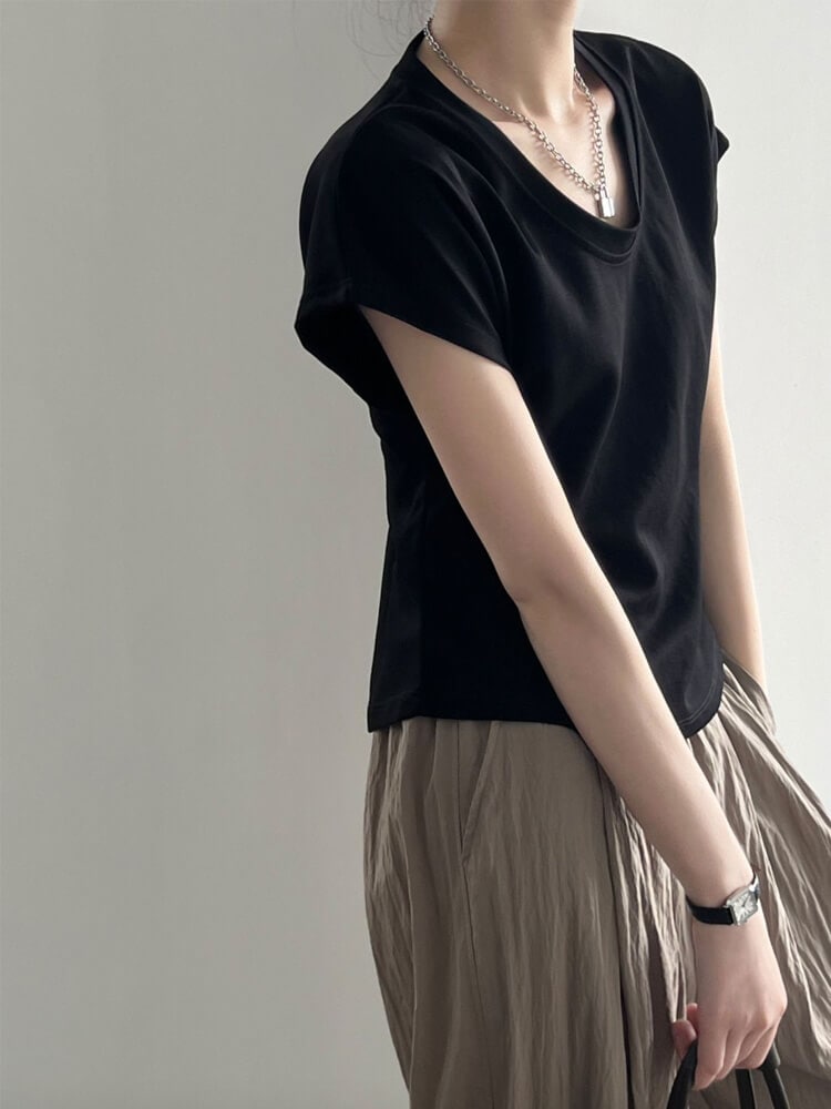 ドルマン袖 ゆったり Uネック 半袖 Tシャツ