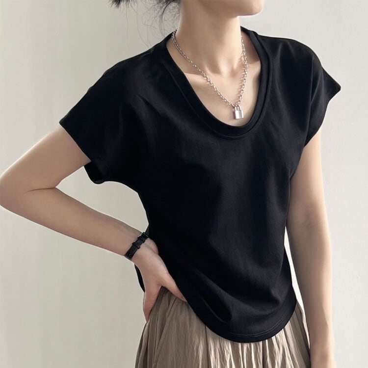 ドルマン袖 ゆったり Uネック 半袖 Tシャツ