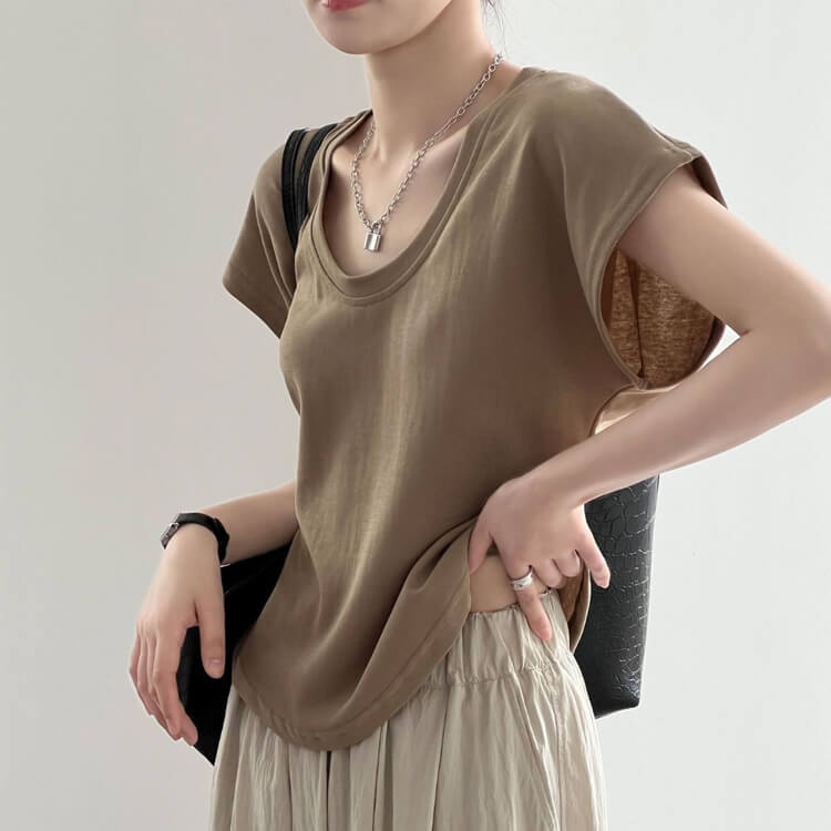 ドルマン袖 ゆったり Uネック 半袖 Tシャツ