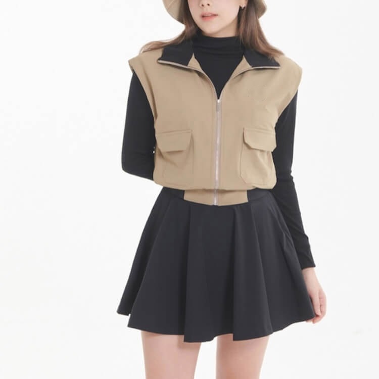 幅広ショルダー ジップアップ ハイネック ベスト