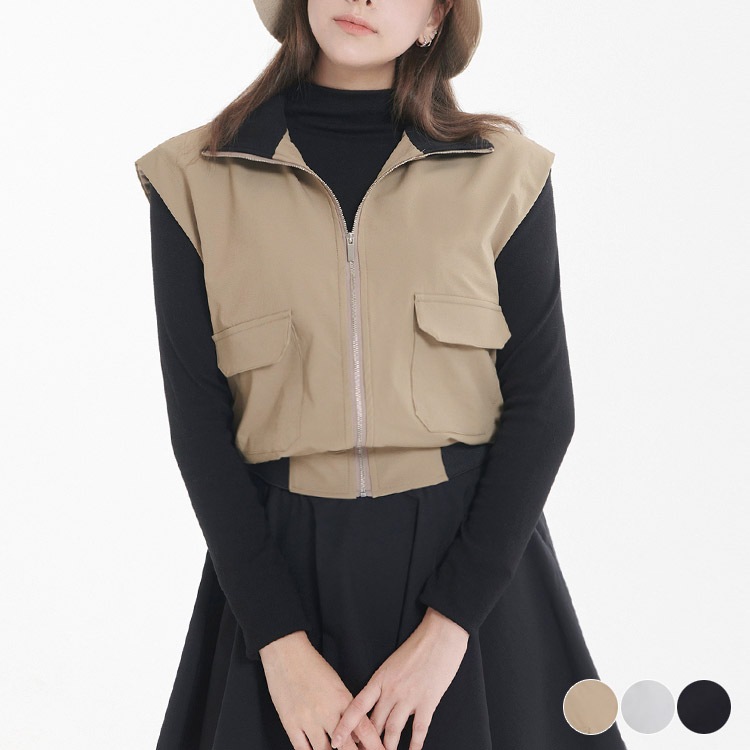 幅広ショルダー ジップアップ ハイネック ベスト