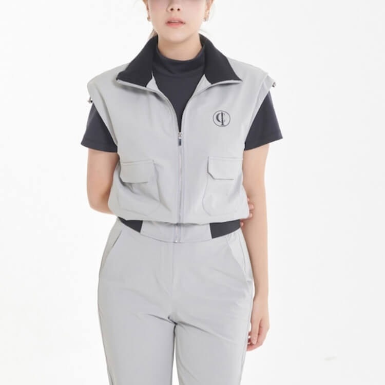 幅広ショルダー ジップアップ ハイネック ベスト