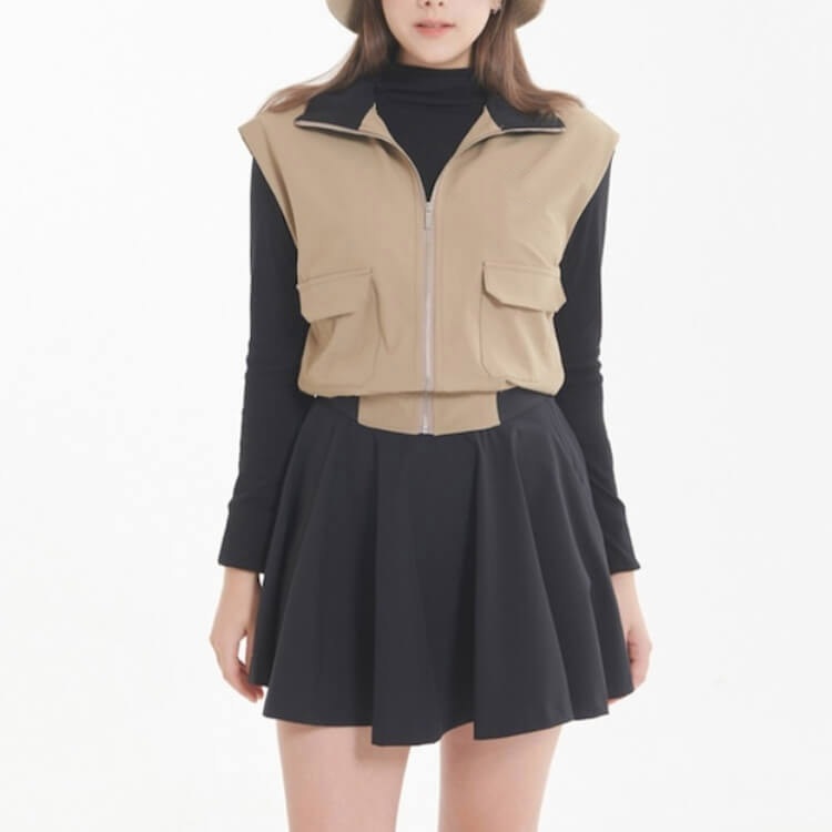 幅広ショルダー ジップアップ ハイネック ベスト