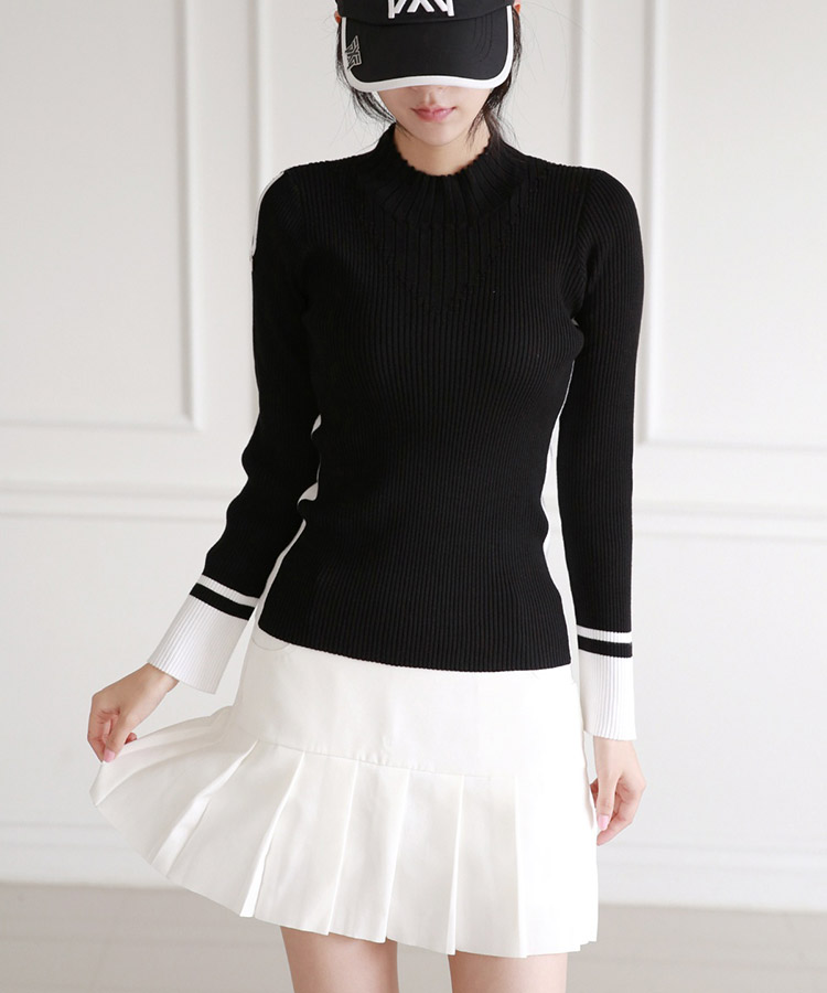 モックネック リブニット トップス 韓国ゴルフウェア

