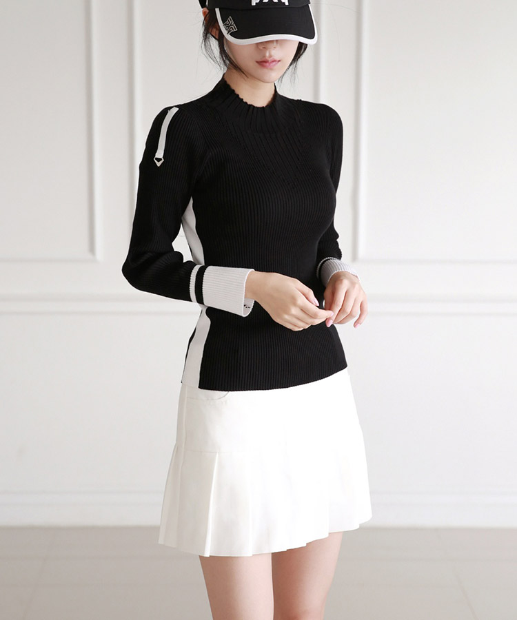 モックネック リブニット トップス 韓国ゴルフウェア

