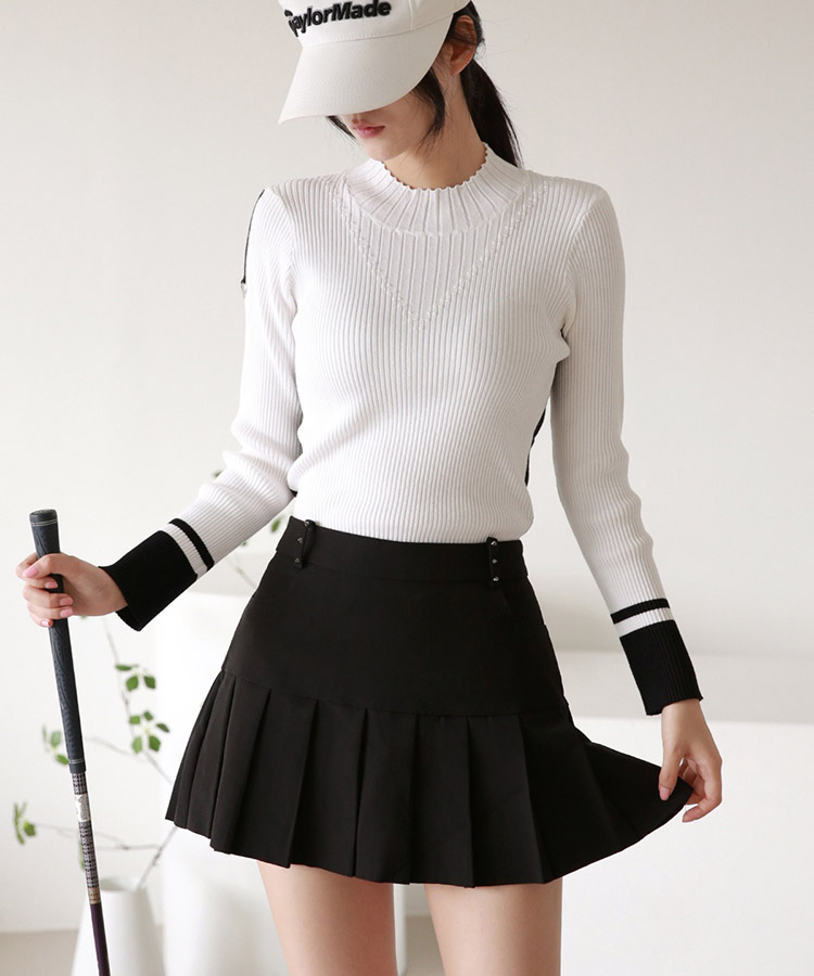 モックネック リブニット トップス 韓国ゴルフウェア

