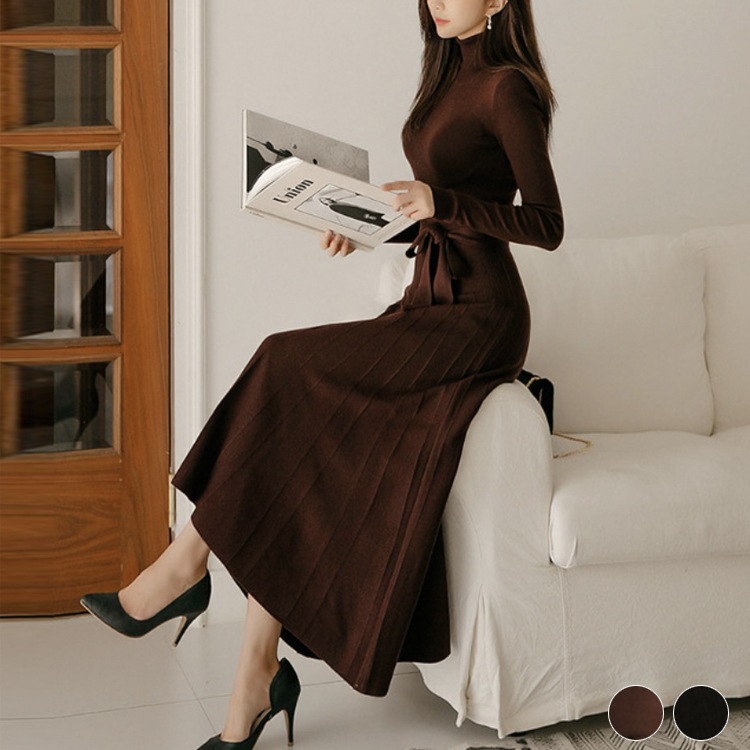 幻想的 春秋ワンピース ニット ミドル丈 レトロ ウエストマーク リボン