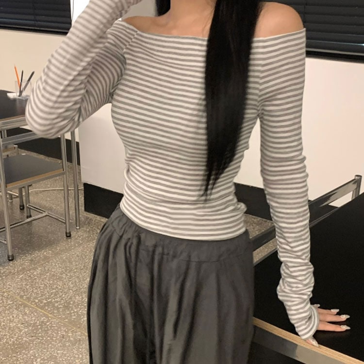 ボーダー柄 オフショルダー 長袖 Tシャツ
