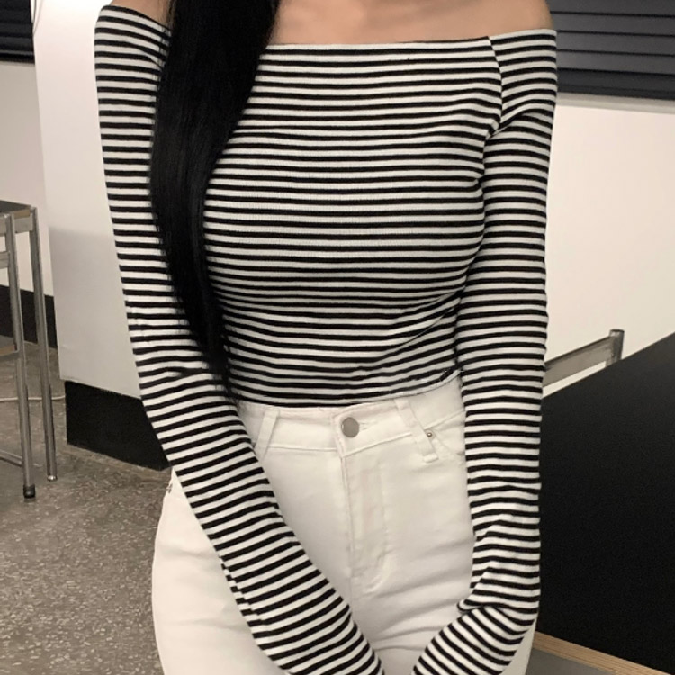 ボーダー柄 オフショルダー 長袖 Tシャツ