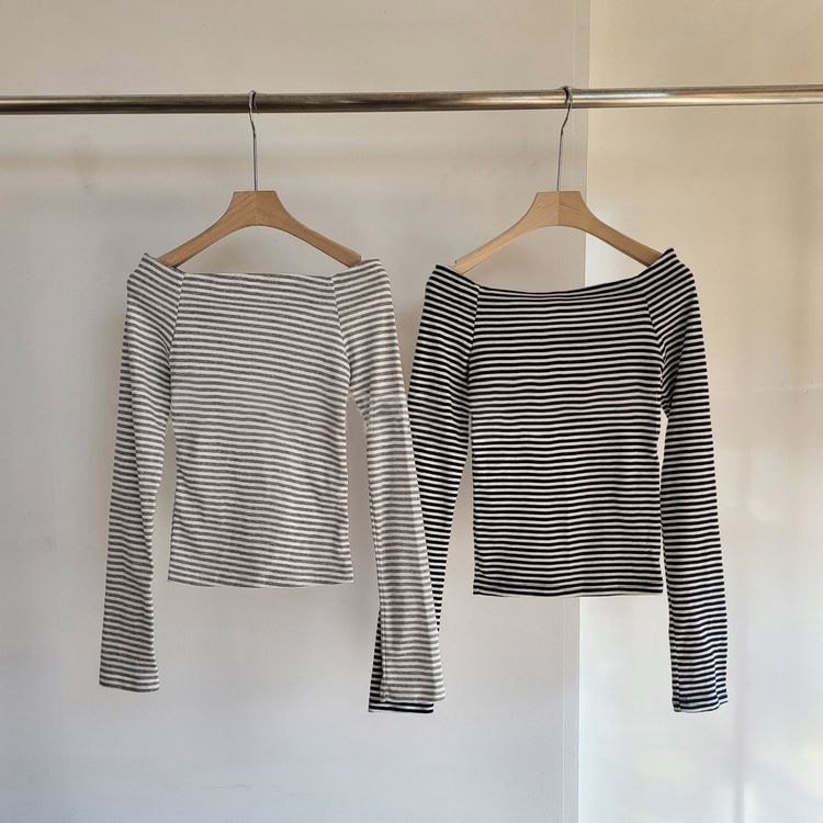 ボーダー柄 オフショルダー 長袖 Tシャツ