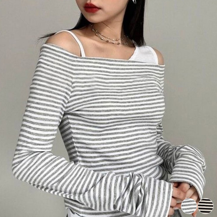 ボーダー柄 オフショルダー 長袖 Tシャツ | レディース