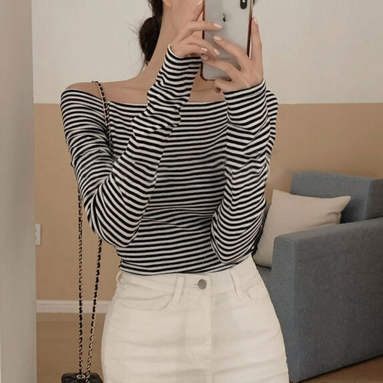 ボーダー柄 オフショルダー 長袖 Tシャツ