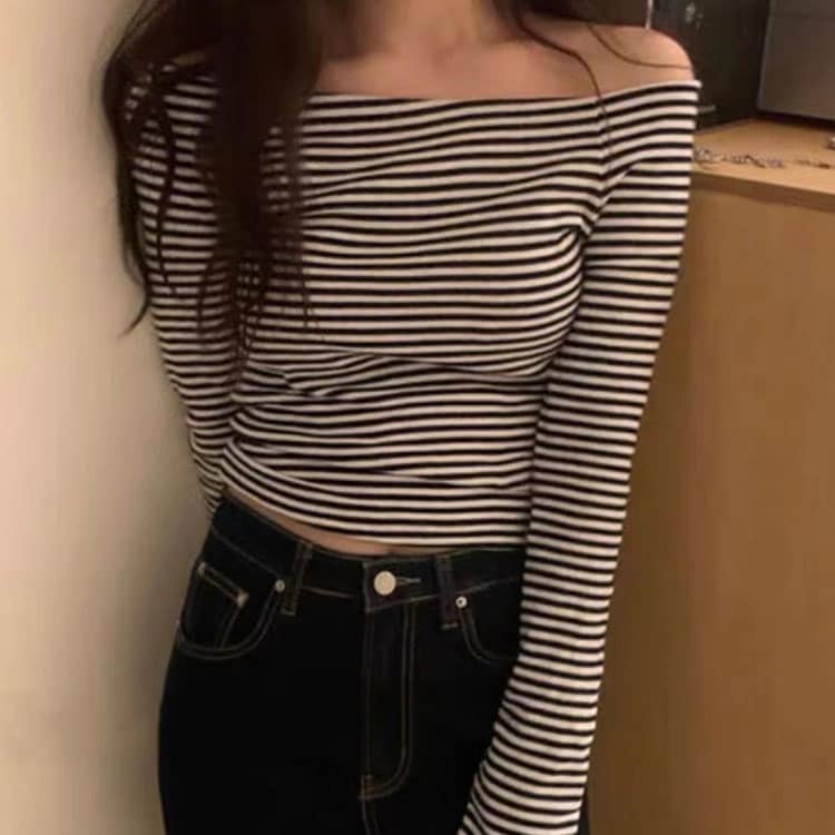 ボーダー柄 オフショルダー 長袖 Tシャツ