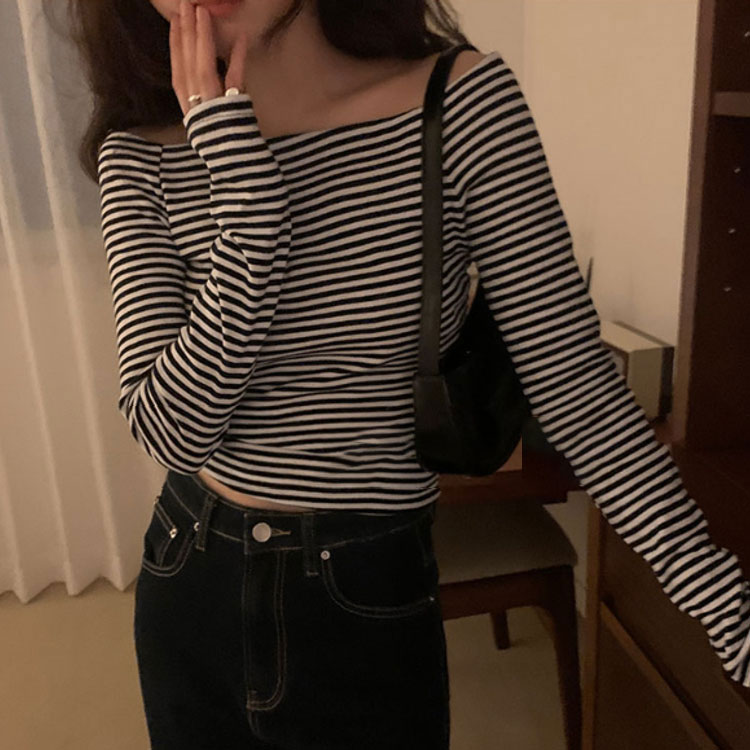 ボーダー柄 オフショルダー 長袖 Tシャツ