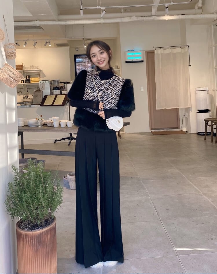 てろんと感 ロング丈 プリーツ ワイドパンツ スラックス