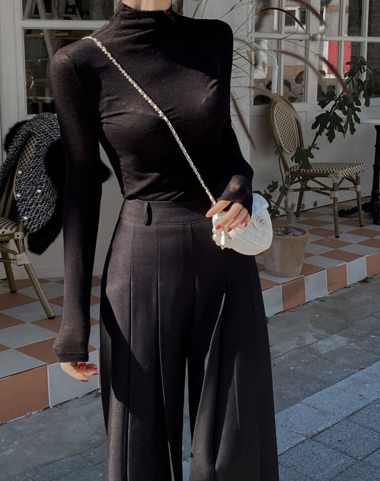 てろんと感 ロング丈 プリーツ ワイドパンツ スラックス