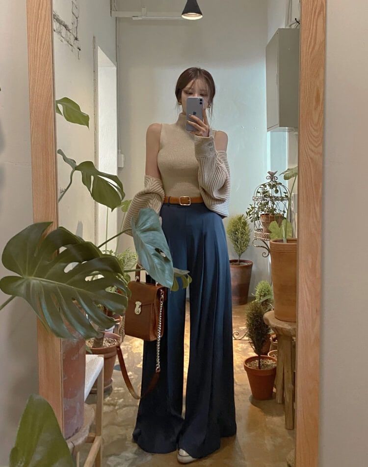 てろんと感 ロング丈 プリーツ ワイドパンツ スラックス